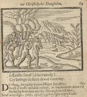 An illustration from Gulden-spiegel, ofte opweckinge tot christelyke deugden : afgedeelt in twee deelen : waer in vertoond werd de schadelyckheyt der sonden, mitsgaders de goetheyt en weldaden Gods over den boetvaerdigen, tot leeringe en stichtinge alle christenen toe-gepast : noch is hier by gevoegt Thamars ontschaking, of de verdoolde liefde van Amnon : als mede de vermaeckelyke bruylofts-kroon, doorgevlochten met verscheyde leersame gedichten, vermakelijke bruylofts- en aendachtige liedekens : voorgestelt op de vier getyden van den dagh (1708)