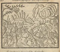 An illustration from Gulden-spiegel, ofte opweckinge tot christelyke deugden : afgedeelt in twee deelen : waer in vertoond werd de schadelyckheyt der sonden, mitsgaders de goetheyt en weldaden Gods over den boetvaerdigen, tot leeringe en stichtinge alle christenen toe-gepast : noch is hier by gevoegt Thamars ontschaking, of de verdoolde liefde van Amnon : als mede de vermaeckelyke bruylofts-kroon, doorgevlochten met verscheyde leersame gedichten, vermakelijke bruylofts- en aendachtige liedekens : voorgestelt op de vier getyden van den dagh (1708)