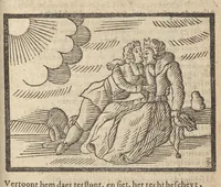 An illustration from Gulden-spiegel, ofte opweckinge tot christelyke deugden : afgedeelt in twee deelen : waer in vertoond werd de schadelyckheyt der sonden, mitsgaders de goetheyt en weldaden Gods over den boetvaerdigen, tot leeringe en stichtinge alle christenen toe-gepast : noch is hier by gevoegt Thamars ontschaking, of de verdoolde liefde van Amnon : als mede de vermaeckelyke bruylofts-kroon, doorgevlochten met verscheyde leersame gedichten, vermakelijke bruylofts- en aendachtige liedekens : voorgestelt op de vier getyden van den dagh (1708)