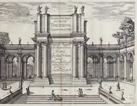 Picture 1 of 29 from Romae antiquae et novae theatrum, sive, Genuina ac vera urbis, juxta varios ejusdem status, delineatio topographica : unà cum primariis illius aedificiis ac monumentis, veluti templis, simulacris, circis, campis, theatris, arcubus, porticibus, columnis, statuis & sepulcris antiquis, praecipuè verò modernis templis, palatiis & aedificiis, nonaginta tabulis aeneis exhibitis & secundùm nobilioris architecturae simulac perspectivae regulas extructis, ruinisq́ue illustrioribus (1684), leaf 6