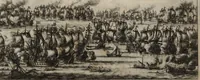 An illustration from Leven en bedryf van den vermaarden zeeheld Cornelis Tromp, graaf van Sylliesburg, ridder van den Olifant, baronnet, &c., lieutenant admiraal generaal van Holland en Westvriesland : ondermengd met de voornaamste daaden van verscheidene andere zeehoofden, en voornaamentlijk met die van Martin Harpertsz. Tromp : benevens een naauwkeurig verhaal van der Nederlanderen en hunner bondgenooten oorlogen, sedert den jaare 1650 tegens verscheidene volkeren gevoerd : voorzien met alle de noodige authentyke stukken en bewyzen, en vercierd met schoone kopere figuuren (1692)