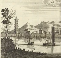 An illustration from Het gezandtschap der Neêrlandtsche Oost-Indische Compagnie, aan den grooten Tartarischen Cham, den tegenwoordigen keizer van China : waar in de gedenkwaerdigste geschiedenissen, die onder het reizen door de Sineesche landtschappen, Quantung, Kiangsi, Nanking, Xantung en Peking, en aan het keizerlyke hof te Peking, zedert den jaare 1655 tot 1657 zyn voorgevallen, op het bondigste verhandelt worden : beneffens een naauwkeurige beschryvinge der Sineesche steden, dorpen, regeering, weetenschappen, handwerken, zeden, godsdiensten, gebouwen, drachten, scheepen, bergen, gewaffen, dieren, &c. en oorlogen tegen de Tarters : verçiert met over de 150 afbeeldtsels, na 't leven in Sina (1693)