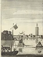 An illustration from Het gezandtschap der Neêrlandtsche Oost-Indische Compagnie, aan den grooten Tartarischen Cham, den tegenwoordigen keizer van China : waar in de gedenkwaerdigste geschiedenissen, die onder het reizen door de Sineesche landtschappen, Quantung, Kiangsi, Nanking, Xantung en Peking, en aan het keizerlyke hof te Peking, zedert den jaare 1655 tot 1657 zyn voorgevallen, op het bondigste verhandelt worden : beneffens een naauwkeurige beschryvinge der Sineesche steden, dorpen, regeering, weetenschappen, handwerken, zeden, godsdiensten, gebouwen, drachten, scheepen, bergen, gewaffen, dieren, &c. en oorlogen tegen de Tarters : verçiert met over de 150 afbeeldtsels, na 't leven in Sina (1693)