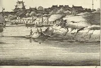An illustration from Het gezandtschap der Neêrlandtsche Oost-Indische Compagnie, aan den grooten Tartarischen Cham, den tegenwoordigen keizer van China : waar in de gedenkwaerdigste geschiedenissen, die onder het reizen door de Sineesche landtschappen, Quantung, Kiangsi, Nanking, Xantung en Peking, en aan het keizerlyke hof te Peking, zedert den jaare 1655 tot 1657 zyn voorgevallen, op het bondigste verhandelt worden : beneffens een naauwkeurige beschryvinge der Sineesche steden, dorpen, regeering, weetenschappen, handwerken, zeden, godsdiensten, gebouwen, drachten, scheepen, bergen, gewaffen, dieren, &c. en oorlogen tegen de Tarters : verçiert met over de 150 afbeeldtsels, na 't leven in Sina (1693)