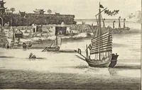 Picture 49 of 190 from Het gezandtschap der Neêrlandtsche Oost-Indische Compagnie, aan den grooten Tartarischen Cham, den tegenwoordigen keizer van China : waar in de gedenkwaerdigste geschiedenissen, die onder het reizen door de Sineesche landtschappen, Quantung, Kiangsi, Nanking, Xantung en Peking, en aan het keizerlyke hof te Peking, zedert den jaare 1655 tot 1657 zyn voorgevallen, op het bondigste verhandelt worden : beneffens een naauwkeurige beschryvinge der Sineesche steden, dorpen, regeering, weetenschappen, handwerken, zeden, godsdiensten, gebouwen, drachten, scheepen, bergen, gewaffen, dieren, &c. en oorlogen tegen de Tarters : verçiert met over de 150 afbeeldtsels, na 't leven in Sina (1693), leaf 136