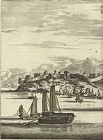 An illustration from Het gezandtschap der Neêrlandtsche Oost-Indische Compagnie, aan den grooten Tartarischen Cham, den tegenwoordigen keizer van China : waar in de gedenkwaerdigste geschiedenissen, die onder het reizen door de Sineesche landtschappen, Quantung, Kiangsi, Nanking, Xantung en Peking, en aan het keizerlyke hof te Peking, zedert den jaare 1655 tot 1657 zyn voorgevallen, op het bondigste verhandelt worden : beneffens een naauwkeurige beschryvinge der Sineesche steden, dorpen, regeering, weetenschappen, handwerken, zeden, godsdiensten, gebouwen, drachten, scheepen, bergen, gewaffen, dieren, &c. en oorlogen tegen de Tarters : verçiert met over de 150 afbeeldtsels, na 't leven in Sina (1693)