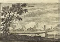 An illustration from Het gezandtschap der Neêrlandtsche Oost-Indische Compagnie, aan den grooten Tartarischen Cham, den tegenwoordigen keizer van China : waar in de gedenkwaerdigste geschiedenissen, die onder het reizen door de Sineesche landtschappen, Quantung, Kiangsi, Nanking, Xantung en Peking, en aan het keizerlyke hof te Peking, zedert den jaare 1655 tot 1657 zyn voorgevallen, op het bondigste verhandelt worden : beneffens een naauwkeurige beschryvinge der Sineesche steden, dorpen, regeering, weetenschappen, handwerken, zeden, godsdiensten, gebouwen, drachten, scheepen, bergen, gewaffen, dieren, &c. en oorlogen tegen de Tarters : verçiert met over de 150 afbeeldtsels, na 't leven in Sina (1693)