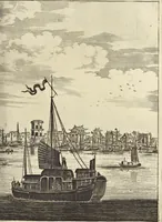 An illustration from Het gezandtschap der Neêrlandtsche Oost-Indische Compagnie, aan den grooten Tartarischen Cham, den tegenwoordigen keizer van China : waar in de gedenkwaerdigste geschiedenissen, die onder het reizen door de Sineesche landtschappen, Quantung, Kiangsi, Nanking, Xantung en Peking, en aan het keizerlyke hof te Peking, zedert den jaare 1655 tot 1657 zyn voorgevallen, op het bondigste verhandelt worden : beneffens een naauwkeurige beschryvinge der Sineesche steden, dorpen, regeering, weetenschappen, handwerken, zeden, godsdiensten, gebouwen, drachten, scheepen, bergen, gewaffen, dieren, &c. en oorlogen tegen de Tarters : verçiert met over de 150 afbeeldtsels, na 't leven in Sina (1693)