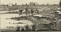 An illustration from Het gezandtschap der Neêrlandtsche Oost-Indische Compagnie, aan den grooten Tartarischen Cham, den tegenwoordigen keizer van China : waar in de gedenkwaerdigste geschiedenissen, die onder het reizen door de Sineesche landtschappen, Quantung, Kiangsi, Nanking, Xantung en Peking, en aan het keizerlyke hof te Peking, zedert den jaare 1655 tot 1657 zyn voorgevallen, op het bondigste verhandelt worden : beneffens een naauwkeurige beschryvinge der Sineesche steden, dorpen, regeering, weetenschappen, handwerken, zeden, godsdiensten, gebouwen, drachten, scheepen, bergen, gewaffen, dieren, &c. en oorlogen tegen de Tarters : verçiert met over de 150 afbeeldtsels, na 't leven in Sina (1693)