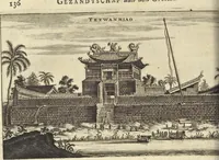 Picture 105 of 190 from Het gezandtschap der Neêrlandtsche Oost-Indische Compagnie, aan den grooten Tartarischen Cham, den tegenwoordigen keizer van China : waar in de gedenkwaerdigste geschiedenissen, die onder het reizen door de Sineesche landtschappen, Quantung, Kiangsi, Nanking, Xantung en Peking, en aan het keizerlyke hof te Peking, zedert den jaare 1655 tot 1657 zyn voorgevallen, op het bondigste verhandelt worden : beneffens een naauwkeurige beschryvinge der Sineesche steden, dorpen, regeering, weetenschappen, handwerken, zeden, godsdiensten, gebouwen, drachten, scheepen, bergen, gewaffen, dieren, &c. en oorlogen tegen de Tarters : verçiert met over de 150 afbeeldtsels, na 't leven in Sina (1693), leaf 251