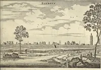 An illustration from Het gezandtschap der Neêrlandtsche Oost-Indische Compagnie, aan den grooten Tartarischen Cham, den tegenwoordigen keizer van China : waar in de gedenkwaerdigste geschiedenissen, die onder het reizen door de Sineesche landtschappen, Quantung, Kiangsi, Nanking, Xantung en Peking, en aan het keizerlyke hof te Peking, zedert den jaare 1655 tot 1657 zyn voorgevallen, op het bondigste verhandelt worden : beneffens een naauwkeurige beschryvinge der Sineesche steden, dorpen, regeering, weetenschappen, handwerken, zeden, godsdiensten, gebouwen, drachten, scheepen, bergen, gewaffen, dieren, &c. en oorlogen tegen de Tarters : verçiert met over de 150 afbeeldtsels, na 't leven in Sina (1693)