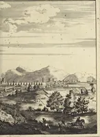 An illustration from Het gezandtschap der Neêrlandtsche Oost-Indische Compagnie, aan den grooten Tartarischen Cham, den tegenwoordigen keizer van China : waar in de gedenkwaerdigste geschiedenissen, die onder het reizen door de Sineesche landtschappen, Quantung, Kiangsi, Nanking, Xantung en Peking, en aan het keizerlyke hof te Peking, zedert den jaare 1655 tot 1657 zyn voorgevallen, op het bondigste verhandelt worden : beneffens een naauwkeurige beschryvinge der Sineesche steden, dorpen, regeering, weetenschappen, handwerken, zeden, godsdiensten, gebouwen, drachten, scheepen, bergen, gewaffen, dieren, &c. en oorlogen tegen de Tarters : verçiert met over de 150 afbeeldtsels, na 't leven in Sina (1693)
