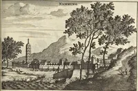 An illustration from Het gezandtschap der Neêrlandtsche Oost-Indische Compagnie, aan den grooten Tartarischen Cham, den tegenwoordigen keizer van China : waar in de gedenkwaerdigste geschiedenissen, die onder het reizen door de Sineesche landtschappen, Quantung, Kiangsi, Nanking, Xantung en Peking, en aan het keizerlyke hof te Peking, zedert den jaare 1655 tot 1657 zyn voorgevallen, op het bondigste verhandelt worden : beneffens een naauwkeurige beschryvinge der Sineesche steden, dorpen, regeering, weetenschappen, handwerken, zeden, godsdiensten, gebouwen, drachten, scheepen, bergen, gewaffen, dieren, &c. en oorlogen tegen de Tarters : verçiert met over de 150 afbeeldtsels, na 't leven in Sina (1693)