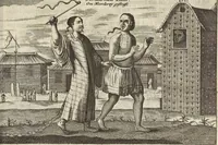 An illustration from Het gezandtschap der Neêrlandtsche Oost-Indische Compagnie, aan den grooten Tartarischen Cham, den tegenwoordigen keizer van China : waar in de gedenkwaerdigste geschiedenissen, die onder het reizen door de Sineesche landtschappen, Quantung, Kiangsi, Nanking, Xantung en Peking, en aan het keizerlyke hof te Peking, zedert den jaare 1655 tot 1657 zyn voorgevallen, op het bondigste verhandelt worden : beneffens een naauwkeurige beschryvinge der Sineesche steden, dorpen, regeering, weetenschappen, handwerken, zeden, godsdiensten, gebouwen, drachten, scheepen, bergen, gewaffen, dieren, &c. en oorlogen tegen de Tarters : verçiert met over de 150 afbeeldtsels, na 't leven in Sina (1693)