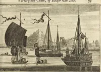 An illustration from Het gezandtschap der Neêrlandtsche Oost-Indische Compagnie, aan den grooten Tartarischen Cham, den tegenwoordigen keizer van China : waar in de gedenkwaerdigste geschiedenissen, die onder het reizen door de Sineesche landtschappen, Quantung, Kiangsi, Nanking, Xantung en Peking, en aan het keizerlyke hof te Peking, zedert den jaare 1655 tot 1657 zyn voorgevallen, op het bondigste verhandelt worden : beneffens een naauwkeurige beschryvinge der Sineesche steden, dorpen, regeering, weetenschappen, handwerken, zeden, godsdiensten, gebouwen, drachten, scheepen, bergen, gewaffen, dieren, &c. en oorlogen tegen de Tarters : verçiert met over de 150 afbeeldtsels, na 't leven in Sina (1693)
