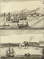 Picture 6 of 190 from Het gezandtschap der Neêrlandtsche Oost-Indische Compagnie, aan den grooten Tartarischen Cham, den tegenwoordigen keizer van China : waar in de gedenkwaerdigste geschiedenissen, die onder het reizen door de Sineesche landtschappen, Quantung, Kiangsi, Nanking, Xantung en Peking, en aan het keizerlyke hof te Peking, zedert den jaare 1655 tot 1657 zyn voorgevallen, op het bondigste verhandelt worden : beneffens een naauwkeurige beschryvinge der Sineesche steden, dorpen, regeering, weetenschappen, handwerken, zeden, godsdiensten, gebouwen, drachten, scheepen, bergen, gewaffen, dieren, &c. en oorlogen tegen de Tarters : verçiert met over de 150 afbeeldtsels, na 't leven in Sina (1693), leaf 49