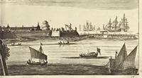 An illustration from Het gezandtschap der Neêrlandtsche Oost-Indische Compagnie, aan den grooten Tartarischen Cham, den tegenwoordigen keizer van China : waar in de gedenkwaerdigste geschiedenissen, die onder het reizen door de Sineesche landtschappen, Quantung, Kiangsi, Nanking, Xantung en Peking, en aan het keizerlyke hof te Peking, zedert den jaare 1655 tot 1657 zyn voorgevallen, op het bondigste verhandelt worden : beneffens een naauwkeurige beschryvinge der Sineesche steden, dorpen, regeering, weetenschappen, handwerken, zeden, godsdiensten, gebouwen, drachten, scheepen, bergen, gewaffen, dieren, &c. en oorlogen tegen de Tarters : verçiert met over de 150 afbeeldtsels, na 't leven in Sina (1693)