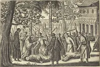 An illustration from Het gezandtschap der Neêrlandtsche Oost-Indische Compagnie, aan den grooten Tartarischen Cham, den tegenwoordigen keizer van China : waar in de gedenkwaerdigste geschiedenissen, die onder het reizen door de Sineesche landtschappen, Quantung, Kiangsi, Nanking, Xantung en Peking, en aan het keizerlyke hof te Peking, zedert den jaare 1655 tot 1657 zyn voorgevallen, op het bondigste verhandelt worden : beneffens een naauwkeurige beschryvinge der Sineesche steden, dorpen, regeering, weetenschappen, handwerken, zeden, godsdiensten, gebouwen, drachten, scheepen, bergen, gewaffen, dieren, &c. en oorlogen tegen de Tarters : verçiert met over de 150 afbeeldtsels, na 't leven in Sina (1693)