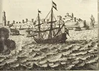 An illustration from Het gezandtschap der Neêrlandtsche Oost-Indische Compagnie, aan den grooten Tartarischen Cham, den tegenwoordigen keizer van China : waar in de gedenkwaerdigste geschiedenissen, die onder het reizen door de Sineesche landtschappen, Quantung, Kiangsi, Nanking, Xantung en Peking, en aan het keizerlyke hof te Peking, zedert den jaare 1655 tot 1657 zyn voorgevallen, op het bondigste verhandelt worden : beneffens een naauwkeurige beschryvinge der Sineesche steden, dorpen, regeering, weetenschappen, handwerken, zeden, godsdiensten, gebouwen, drachten, scheepen, bergen, gewaffen, dieren, &c. en oorlogen tegen de Tarters : verçiert met over de 150 afbeeldtsels, na 't leven in Sina (1693)
