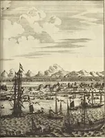 An illustration from Het gezandtschap der Neêrlandtsche Oost-Indische Compagnie, aan den grooten Tartarischen Cham, den tegenwoordigen keizer van China : waar in de gedenkwaerdigste geschiedenissen, die onder het reizen door de Sineesche landtschappen, Quantung, Kiangsi, Nanking, Xantung en Peking, en aan het keizerlyke hof te Peking, zedert den jaare 1655 tot 1657 zyn voorgevallen, op het bondigste verhandelt worden : beneffens een naauwkeurige beschryvinge der Sineesche steden, dorpen, regeering, weetenschappen, handwerken, zeden, godsdiensten, gebouwen, drachten, scheepen, bergen, gewaffen, dieren, &c. en oorlogen tegen de Tarters : verçiert met over de 150 afbeeldtsels, na 't leven in Sina (1693)