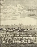 An illustration from Het gezandtschap der Neêrlandtsche Oost-Indische Compagnie, aan den grooten Tartarischen Cham, den tegenwoordigen keizer van China : waar in de gedenkwaerdigste geschiedenissen, die onder het reizen door de Sineesche landtschappen, Quantung, Kiangsi, Nanking, Xantung en Peking, en aan het keizerlyke hof te Peking, zedert den jaare 1655 tot 1657 zyn voorgevallen, op het bondigste verhandelt worden : beneffens een naauwkeurige beschryvinge der Sineesche steden, dorpen, regeering, weetenschappen, handwerken, zeden, godsdiensten, gebouwen, drachten, scheepen, bergen, gewaffen, dieren, &c. en oorlogen tegen de Tarters : verçiert met over de 150 afbeeldtsels, na 't leven in Sina (1693)