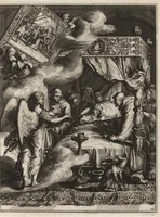 Picture 21 of 30 from Spiegel om wel te sterven : aanwyzende met prentverbeeldingen van het lyden onzes zaligmakers Jesu Christi : alles wat een zieke betaamt om gelukkig te sterven, volgens de woorden Philipp I, verse 21 (1694), leaf 74