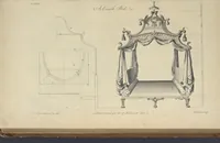 An illustration from The gentleman and cabinet-maker's director : being a large collection of the most elegant and useful designs of household furniture, in the most fashionable taste : including a great variety of chairs, cofas, beds, and couches : china-tables, dressing-tables, shaving-tables, bason-stands, and teakettle-stands : frames for marble-slabs, bureau-dressing-tables, and commodes : writing-tables, and library-tables : library-book-cases, organ-cases for private rooms, or churches, desks, and book-cases : dressing and writing-tables with book-cases, toilets, cabinets, and cloaths-presses : china-cases, china-shelves, and book-shelves : candle-stands, terms for busts, stands for china jars, and pedestals : cisterns for water, lanthorns, and chandeliers : fire-screens, brackets, and clock-cases : pier-glasses, and table-frames : girandoles, chimney-pieces, and picture-frames : stove-grates, boarders, frets, Chinese-railing, and brass-work, for furniture : and other ornaments : to which is prefixed, a short explanation of the five orders of architecture : with proper directions for executing the most difficult pieces, the mouldings being exhibited at large, and the dimensions of each design specified : the whole comprehended in two hundred copper-plates, neatly engraved ... (1762)