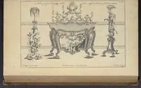 An illustration from The gentleman and cabinet-maker's director : being a large collection of the most elegant and useful designs of household furniture, in the most fashionable taste : including a great variety of chairs, cofas, beds, and couches : china-tables, dressing-tables, shaving-tables, bason-stands, and teakettle-stands : frames for marble-slabs, bureau-dressing-tables, and commodes : writing-tables, and library-tables : library-book-cases, organ-cases for private rooms, or churches, desks, and book-cases : dressing and writing-tables with book-cases, toilets, cabinets, and cloaths-presses : china-cases, china-shelves, and book-shelves : candle-stands, terms for busts, stands for china jars, and pedestals : cisterns for water, lanthorns, and chandeliers : fire-screens, brackets, and clock-cases : pier-glasses, and table-frames : girandoles, chimney-pieces, and picture-frames : stove-grates, boarders, frets, Chinese-railing, and brass-work, for furniture : and other ornaments : to which is prefixed, a short explanation of the five orders of architecture : with proper directions for executing the most difficult pieces, the mouldings being exhibited at large, and the dimensions of each design specified : the whole comprehended in two hundred copper-plates, neatly engraved ... (1762)