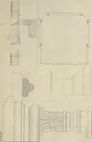 An illustration from The gentleman and cabinet-maker's director : being a large collection of the most elegant and useful designs of household furniture, in the most fashionable taste : including a great variety of chairs, cofas, beds, and couches : china-tables, dressing-tables, shaving-tables, bason-stands, and teakettle-stands : frames for marble-slabs, bureau-dressing-tables, and commodes : writing-tables, and library-tables : library-book-cases, organ-cases for private rooms, or churches, desks, and book-cases : dressing and writing-tables with book-cases, toilets, cabinets, and cloaths-presses : china-cases, china-shelves, and book-shelves : candle-stands, terms for busts, stands for china jars, and pedestals : cisterns for water, lanthorns, and chandeliers : fire-screens, brackets, and clock-cases : pier-glasses, and table-frames : girandoles, chimney-pieces, and picture-frames : stove-grates, boarders, frets, Chinese-railing, and brass-work, for furniture : and other ornaments : to which is prefixed, a short explanation of the five orders of architecture : with proper directions for executing the most difficult pieces, the mouldings being exhibited at large, and the dimensions of each design specified : the whole comprehended in two hundred copper-plates, neatly engraved ... (1762)