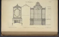 Picture 77 of 189 from The gentleman and cabinet-maker's director : being a large collection of the most elegant and useful designs of household furniture, in the most fashionable taste : including a great variety of chairs, cofas, beds, and couches : china-tables, dressing-tables, shaving-tables, bason-stands, and teakettle-stands : frames for marble-slabs, bureau-dressing-tables, and commodes : writing-tables, and library-tables : library-book-cases, organ-cases for private rooms, or churches, desks, and book-cases : dressing and writing-tables with book-cases, toilets, cabinets, and cloaths-presses : china-cases, china-shelves, and book-shelves : candle-stands, terms for busts, stands for china jars, and pedestals : cisterns for water, lanthorns, and chandeliers : fire-screens, brackets, and clock-cases : pier-glasses, and table-frames : girandoles, chimney-pieces, and picture-frames : stove-grates, boarders, frets, Chinese-railing, and brass-work, for furniture : and other ornaments : to which is prefixed, a short explanation of the five orders of architecture : with proper directions for executing the most difficult pieces, the mouldings being exhibited at large, and the dimensions of each design specified : the whole comprehended in two hundred copper-plates, neatly engraved ... (1762), leaf 200