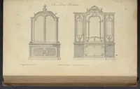 An illustration from The gentleman and cabinet-maker's director : being a large collection of the most elegant and useful designs of household furniture, in the most fashionable taste : including a great variety of chairs, cofas, beds, and couches : china-tables, dressing-tables, shaving-tables, bason-stands, and teakettle-stands : frames for marble-slabs, bureau-dressing-tables, and commodes : writing-tables, and library-tables : library-book-cases, organ-cases for private rooms, or churches, desks, and book-cases : dressing and writing-tables with book-cases, toilets, cabinets, and cloaths-presses : china-cases, china-shelves, and book-shelves : candle-stands, terms for busts, stands for china jars, and pedestals : cisterns for water, lanthorns, and chandeliers : fire-screens, brackets, and clock-cases : pier-glasses, and table-frames : girandoles, chimney-pieces, and picture-frames : stove-grates, boarders, frets, Chinese-railing, and brass-work, for furniture : and other ornaments : to which is prefixed, a short explanation of the five orders of architecture : with proper directions for executing the most difficult pieces, the mouldings being exhibited at large, and the dimensions of each design specified : the whole comprehended in two hundred copper-plates, neatly engraved ... (1762)