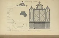 An illustration from The gentleman and cabinet-maker's director : being a large collection of the most elegant and useful designs of household furniture, in the most fashionable taste : including a great variety of chairs, cofas, beds, and couches : china-tables, dressing-tables, shaving-tables, bason-stands, and teakettle-stands : frames for marble-slabs, bureau-dressing-tables, and commodes : writing-tables, and library-tables : library-book-cases, organ-cases for private rooms, or churches, desks, and book-cases : dressing and writing-tables with book-cases, toilets, cabinets, and cloaths-presses : china-cases, china-shelves, and book-shelves : candle-stands, terms for busts, stands for china jars, and pedestals : cisterns for water, lanthorns, and chandeliers : fire-screens, brackets, and clock-cases : pier-glasses, and table-frames : girandoles, chimney-pieces, and picture-frames : stove-grates, boarders, frets, Chinese-railing, and brass-work, for furniture : and other ornaments : to which is prefixed, a short explanation of the five orders of architecture : with proper directions for executing the most difficult pieces, the mouldings being exhibited at large, and the dimensions of each design specified : the whole comprehended in two hundred copper-plates, neatly engraved ... (1762)
