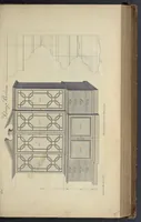 An illustration from The gentleman and cabinet-maker's director : being a large collection of the most elegant and useful designs of household furniture, in the most fashionable taste : including a great variety of chairs, cofas, beds, and couches : china-tables, dressing-tables, shaving-tables, bason-stands, and teakettle-stands : frames for marble-slabs, bureau-dressing-tables, and commodes : writing-tables, and library-tables : library-book-cases, organ-cases for private rooms, or churches, desks, and book-cases : dressing and writing-tables with book-cases, toilets, cabinets, and cloaths-presses : china-cases, china-shelves, and book-shelves : candle-stands, terms for busts, stands for china jars, and pedestals : cisterns for water, lanthorns, and chandeliers : fire-screens, brackets, and clock-cases : pier-glasses, and table-frames : girandoles, chimney-pieces, and picture-frames : stove-grates, boarders, frets, Chinese-railing, and brass-work, for furniture : and other ornaments : to which is prefixed, a short explanation of the five orders of architecture : with proper directions for executing the most difficult pieces, the mouldings being exhibited at large, and the dimensions of each design specified : the whole comprehended in two hundred copper-plates, neatly engraved ... (1762)