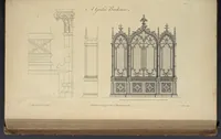 An illustration from The gentleman and cabinet-maker's director : being a large collection of the most elegant and useful designs of household furniture, in the most fashionable taste : including a great variety of chairs, cofas, beds, and couches : china-tables, dressing-tables, shaving-tables, bason-stands, and teakettle-stands : frames for marble-slabs, bureau-dressing-tables, and commodes : writing-tables, and library-tables : library-book-cases, organ-cases for private rooms, or churches, desks, and book-cases : dressing and writing-tables with book-cases, toilets, cabinets, and cloaths-presses : china-cases, china-shelves, and book-shelves : candle-stands, terms for busts, stands for china jars, and pedestals : cisterns for water, lanthorns, and chandeliers : fire-screens, brackets, and clock-cases : pier-glasses, and table-frames : girandoles, chimney-pieces, and picture-frames : stove-grates, boarders, frets, Chinese-railing, and brass-work, for furniture : and other ornaments : to which is prefixed, a short explanation of the five orders of architecture : with proper directions for executing the most difficult pieces, the mouldings being exhibited at large, and the dimensions of each design specified : the whole comprehended in two hundred copper-plates, neatly engraved ... (1762)