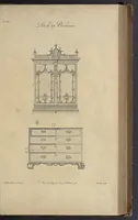 Picture 96 of 189 from The gentleman and cabinet-maker's director : being a large collection of the most elegant and useful designs of household furniture, in the most fashionable taste : including a great variety of chairs, cofas, beds, and couches : china-tables, dressing-tables, shaving-tables, bason-stands, and teakettle-stands : frames for marble-slabs, bureau-dressing-tables, and commodes : writing-tables, and library-tables : library-book-cases, organ-cases for private rooms, or churches, desks, and book-cases : dressing and writing-tables with book-cases, toilets, cabinets, and cloaths-presses : china-cases, china-shelves, and book-shelves : candle-stands, terms for busts, stands for china jars, and pedestals : cisterns for water, lanthorns, and chandeliers : fire-screens, brackets, and clock-cases : pier-glasses, and table-frames : girandoles, chimney-pieces, and picture-frames : stove-grates, boarders, frets, Chinese-railing, and brass-work, for furniture : and other ornaments : to which is prefixed, a short explanation of the five orders of architecture : with proper directions for executing the most difficult pieces, the mouldings being exhibited at large, and the dimensions of each design specified : the whole comprehended in two hundred copper-plates, neatly engraved ... (1762), leaf 244