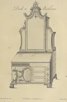 An illustration from The gentleman and cabinet-maker's director : being a large collection of the most elegant and useful designs of household furniture, in the most fashionable taste : including a great variety of chairs, cofas, beds, and couches : china-tables, dressing-tables, shaving-tables, bason-stands, and teakettle-stands : frames for marble-slabs, bureau-dressing-tables, and commodes : writing-tables, and library-tables : library-book-cases, organ-cases for private rooms, or churches, desks, and book-cases : dressing and writing-tables with book-cases, toilets, cabinets, and cloaths-presses : china-cases, china-shelves, and book-shelves : candle-stands, terms for busts, stands for china jars, and pedestals : cisterns for water, lanthorns, and chandeliers : fire-screens, brackets, and clock-cases : pier-glasses, and table-frames : girandoles, chimney-pieces, and picture-frames : stove-grates, boarders, frets, Chinese-railing, and brass-work, for furniture : and other ornaments : to which is prefixed, a short explanation of the five orders of architecture : with proper directions for executing the most difficult pieces, the mouldings being exhibited at large, and the dimensions of each design specified : the whole comprehended in two hundred copper-plates, neatly engraved ... (1762)