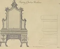 An illustration from The gentleman and cabinet-maker's director : being a large collection of the most elegant and useful designs of household furniture, in the most fashionable taste : including a great variety of chairs, cofas, beds, and couches : china-tables, dressing-tables, shaving-tables, bason-stands, and teakettle-stands : frames for marble-slabs, bureau-dressing-tables, and commodes : writing-tables, and library-tables : library-book-cases, organ-cases for private rooms, or churches, desks, and book-cases : dressing and writing-tables with book-cases, toilets, cabinets, and cloaths-presses : china-cases, china-shelves, and book-shelves : candle-stands, terms for busts, stands for china jars, and pedestals : cisterns for water, lanthorns, and chandeliers : fire-screens, brackets, and clock-cases : pier-glasses, and table-frames : girandoles, chimney-pieces, and picture-frames : stove-grates, boarders, frets, Chinese-railing, and brass-work, for furniture : and other ornaments : to which is prefixed, a short explanation of the five orders of architecture : with proper directions for executing the most difficult pieces, the mouldings being exhibited at large, and the dimensions of each design specified : the whole comprehended in two hundred copper-plates, neatly engraved ... (1762)