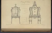 Picture 108 of 189 from The gentleman and cabinet-maker's director : being a large collection of the most elegant and useful designs of household furniture, in the most fashionable taste : including a great variety of chairs, cofas, beds, and couches : china-tables, dressing-tables, shaving-tables, bason-stands, and teakettle-stands : frames for marble-slabs, bureau-dressing-tables, and commodes : writing-tables, and library-tables : library-book-cases, organ-cases for private rooms, or churches, desks, and book-cases : dressing and writing-tables with book-cases, toilets, cabinets, and cloaths-presses : china-cases, china-shelves, and book-shelves : candle-stands, terms for busts, stands for china jars, and pedestals : cisterns for water, lanthorns, and chandeliers : fire-screens, brackets, and clock-cases : pier-glasses, and table-frames : girandoles, chimney-pieces, and picture-frames : stove-grates, boarders, frets, Chinese-railing, and brass-work, for furniture : and other ornaments : to which is prefixed, a short explanation of the five orders of architecture : with proper directions for executing the most difficult pieces, the mouldings being exhibited at large, and the dimensions of each design specified : the whole comprehended in two hundred copper-plates, neatly engraved ... (1762), leaf 270