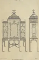 Picture 119 of 189 from The gentleman and cabinet-maker's director : being a large collection of the most elegant and useful designs of household furniture, in the most fashionable taste : including a great variety of chairs, cofas, beds, and couches : china-tables, dressing-tables, shaving-tables, bason-stands, and teakettle-stands : frames for marble-slabs, bureau-dressing-tables, and commodes : writing-tables, and library-tables : library-book-cases, organ-cases for private rooms, or churches, desks, and book-cases : dressing and writing-tables with book-cases, toilets, cabinets, and cloaths-presses : china-cases, china-shelves, and book-shelves : candle-stands, terms for busts, stands for china jars, and pedestals : cisterns for water, lanthorns, and chandeliers : fire-screens, brackets, and clock-cases : pier-glasses, and table-frames : girandoles, chimney-pieces, and picture-frames : stove-grates, boarders, frets, Chinese-railing, and brass-work, for furniture : and other ornaments : to which is prefixed, a short explanation of the five orders of architecture : with proper directions for executing the most difficult pieces, the mouldings being exhibited at large, and the dimensions of each design specified : the whole comprehended in two hundred copper-plates, neatly engraved ... (1762), leaf 294