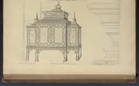An illustration from The gentleman and cabinet-maker's director : being a large collection of the most elegant and useful designs of household furniture, in the most fashionable taste : including a great variety of chairs, cofas, beds, and couches : china-tables, dressing-tables, shaving-tables, bason-stands, and teakettle-stands : frames for marble-slabs, bureau-dressing-tables, and commodes : writing-tables, and library-tables : library-book-cases, organ-cases for private rooms, or churches, desks, and book-cases : dressing and writing-tables with book-cases, toilets, cabinets, and cloaths-presses : china-cases, china-shelves, and book-shelves : candle-stands, terms for busts, stands for china jars, and pedestals : cisterns for water, lanthorns, and chandeliers : fire-screens, brackets, and clock-cases : pier-glasses, and table-frames : girandoles, chimney-pieces, and picture-frames : stove-grates, boarders, frets, Chinese-railing, and brass-work, for furniture : and other ornaments : to which is prefixed, a short explanation of the five orders of architecture : with proper directions for executing the most difficult pieces, the mouldings being exhibited at large, and the dimensions of each design specified : the whole comprehended in two hundred copper-plates, neatly engraved ... (1762)