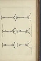 An illustration from The gentleman and cabinet-maker's director : being a large collection of the most elegant and useful designs of household furniture, in the most fashionable taste : including a great variety of chairs, cofas, beds, and couches : china-tables, dressing-tables, shaving-tables, bason-stands, and teakettle-stands : frames for marble-slabs, bureau-dressing-tables, and commodes : writing-tables, and library-tables : library-book-cases, organ-cases for private rooms, or churches, desks, and book-cases : dressing and writing-tables with book-cases, toilets, cabinets, and cloaths-presses : china-cases, china-shelves, and book-shelves : candle-stands, terms for busts, stands for china jars, and pedestals : cisterns for water, lanthorns, and chandeliers : fire-screens, brackets, and clock-cases : pier-glasses, and table-frames : girandoles, chimney-pieces, and picture-frames : stove-grates, boarders, frets, Chinese-railing, and brass-work, for furniture : and other ornaments : to which is prefixed, a short explanation of the five orders of architecture : with proper directions for executing the most difficult pieces, the mouldings being exhibited at large, and the dimensions of each design specified : the whole comprehended in two hundred copper-plates, neatly engraved ... (1762)