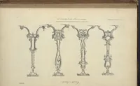 Picture 129 of 189 from The gentleman and cabinet-maker's director : being a large collection of the most elegant and useful designs of household furniture, in the most fashionable taste : including a great variety of chairs, cofas, beds, and couches : china-tables, dressing-tables, shaving-tables, bason-stands, and teakettle-stands : frames for marble-slabs, bureau-dressing-tables, and commodes : writing-tables, and library-tables : library-book-cases, organ-cases for private rooms, or churches, desks, and book-cases : dressing and writing-tables with book-cases, toilets, cabinets, and cloaths-presses : china-cases, china-shelves, and book-shelves : candle-stands, terms for busts, stands for china jars, and pedestals : cisterns for water, lanthorns, and chandeliers : fire-screens, brackets, and clock-cases : pier-glasses, and table-frames : girandoles, chimney-pieces, and picture-frames : stove-grates, boarders, frets, Chinese-railing, and brass-work, for furniture : and other ornaments : to which is prefixed, a short explanation of the five orders of architecture : with proper directions for executing the most difficult pieces, the mouldings being exhibited at large, and the dimensions of each design specified : the whole comprehended in two hundred copper-plates, neatly engraved ... (1762), leaf 316