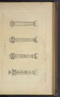 An illustration from The gentleman and cabinet-maker's director : being a large collection of the most elegant and useful designs of household furniture, in the most fashionable taste : including a great variety of chairs, cofas, beds, and couches : china-tables, dressing-tables, shaving-tables, bason-stands, and teakettle-stands : frames for marble-slabs, bureau-dressing-tables, and commodes : writing-tables, and library-tables : library-book-cases, organ-cases for private rooms, or churches, desks, and book-cases : dressing and writing-tables with book-cases, toilets, cabinets, and cloaths-presses : china-cases, china-shelves, and book-shelves : candle-stands, terms for busts, stands for china jars, and pedestals : cisterns for water, lanthorns, and chandeliers : fire-screens, brackets, and clock-cases : pier-glasses, and table-frames : girandoles, chimney-pieces, and picture-frames : stove-grates, boarders, frets, Chinese-railing, and brass-work, for furniture : and other ornaments : to which is prefixed, a short explanation of the five orders of architecture : with proper directions for executing the most difficult pieces, the mouldings being exhibited at large, and the dimensions of each design specified : the whole comprehended in two hundred copper-plates, neatly engraved ... (1762)