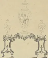 An illustration from The gentleman and cabinet-maker's director : being a large collection of the most elegant and useful designs of household furniture, in the most fashionable taste : including a great variety of chairs, cofas, beds, and couches : china-tables, dressing-tables, shaving-tables, bason-stands, and teakettle-stands : frames for marble-slabs, bureau-dressing-tables, and commodes : writing-tables, and library-tables : library-book-cases, organ-cases for private rooms, or churches, desks, and book-cases : dressing and writing-tables with book-cases, toilets, cabinets, and cloaths-presses : china-cases, china-shelves, and book-shelves : candle-stands, terms for busts, stands for china jars, and pedestals : cisterns for water, lanthorns, and chandeliers : fire-screens, brackets, and clock-cases : pier-glasses, and table-frames : girandoles, chimney-pieces, and picture-frames : stove-grates, boarders, frets, Chinese-railing, and brass-work, for furniture : and other ornaments : to which is prefixed, a short explanation of the five orders of architecture : with proper directions for executing the most difficult pieces, the mouldings being exhibited at large, and the dimensions of each design specified : the whole comprehended in two hundred copper-plates, neatly engraved ... (1762)