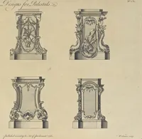 An illustration from The gentleman and cabinet-maker's director : being a large collection of the most elegant and useful designs of household furniture, in the most fashionable taste : including a great variety of chairs, cofas, beds, and couches : china-tables, dressing-tables, shaving-tables, bason-stands, and teakettle-stands : frames for marble-slabs, bureau-dressing-tables, and commodes : writing-tables, and library-tables : library-book-cases, organ-cases for private rooms, or churches, desks, and book-cases : dressing and writing-tables with book-cases, toilets, cabinets, and cloaths-presses : china-cases, china-shelves, and book-shelves : candle-stands, terms for busts, stands for china jars, and pedestals : cisterns for water, lanthorns, and chandeliers : fire-screens, brackets, and clock-cases : pier-glasses, and table-frames : girandoles, chimney-pieces, and picture-frames : stove-grates, boarders, frets, Chinese-railing, and brass-work, for furniture : and other ornaments : to which is prefixed, a short explanation of the five orders of architecture : with proper directions for executing the most difficult pieces, the mouldings being exhibited at large, and the dimensions of each design specified : the whole comprehended in two hundred copper-plates, neatly engraved ... (1762)