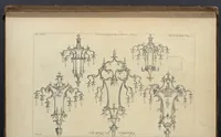 An illustration from The gentleman and cabinet-maker's director : being a large collection of the most elegant and useful designs of household furniture, in the most fashionable taste : including a great variety of chairs, cofas, beds, and couches : china-tables, dressing-tables, shaving-tables, bason-stands, and teakettle-stands : frames for marble-slabs, bureau-dressing-tables, and commodes : writing-tables, and library-tables : library-book-cases, organ-cases for private rooms, or churches, desks, and book-cases : dressing and writing-tables with book-cases, toilets, cabinets, and cloaths-presses : china-cases, china-shelves, and book-shelves : candle-stands, terms for busts, stands for china jars, and pedestals : cisterns for water, lanthorns, and chandeliers : fire-screens, brackets, and clock-cases : pier-glasses, and table-frames : girandoles, chimney-pieces, and picture-frames : stove-grates, boarders, frets, Chinese-railing, and brass-work, for furniture : and other ornaments : to which is prefixed, a short explanation of the five orders of architecture : with proper directions for executing the most difficult pieces, the mouldings being exhibited at large, and the dimensions of each design specified : the whole comprehended in two hundred copper-plates, neatly engraved ... (1762)