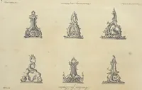 An illustration from The gentleman and cabinet-maker's director : being a large collection of the most elegant and useful designs of household furniture, in the most fashionable taste : including a great variety of chairs, cofas, beds, and couches : china-tables, dressing-tables, shaving-tables, bason-stands, and teakettle-stands : frames for marble-slabs, bureau-dressing-tables, and commodes : writing-tables, and library-tables : library-book-cases, organ-cases for private rooms, or churches, desks, and book-cases : dressing and writing-tables with book-cases, toilets, cabinets, and cloaths-presses : china-cases, china-shelves, and book-shelves : candle-stands, terms for busts, stands for china jars, and pedestals : cisterns for water, lanthorns, and chandeliers : fire-screens, brackets, and clock-cases : pier-glasses, and table-frames : girandoles, chimney-pieces, and picture-frames : stove-grates, boarders, frets, Chinese-railing, and brass-work, for furniture : and other ornaments : to which is prefixed, a short explanation of the five orders of architecture : with proper directions for executing the most difficult pieces, the mouldings being exhibited at large, and the dimensions of each design specified : the whole comprehended in two hundred copper-plates, neatly engraved ... (1762)