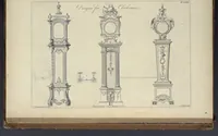 An illustration from The gentleman and cabinet-maker's director : being a large collection of the most elegant and useful designs of household furniture, in the most fashionable taste : including a great variety of chairs, cofas, beds, and couches : china-tables, dressing-tables, shaving-tables, bason-stands, and teakettle-stands : frames for marble-slabs, bureau-dressing-tables, and commodes : writing-tables, and library-tables : library-book-cases, organ-cases for private rooms, or churches, desks, and book-cases : dressing and writing-tables with book-cases, toilets, cabinets, and cloaths-presses : china-cases, china-shelves, and book-shelves : candle-stands, terms for busts, stands for china jars, and pedestals : cisterns for water, lanthorns, and chandeliers : fire-screens, brackets, and clock-cases : pier-glasses, and table-frames : girandoles, chimney-pieces, and picture-frames : stove-grates, boarders, frets, Chinese-railing, and brass-work, for furniture : and other ornaments : to which is prefixed, a short explanation of the five orders of architecture : with proper directions for executing the most difficult pieces, the mouldings being exhibited at large, and the dimensions of each design specified : the whole comprehended in two hundred copper-plates, neatly engraved ... (1762)