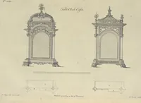 Picture 151 of 189 from The gentleman and cabinet-maker's director : being a large collection of the most elegant and useful designs of household furniture, in the most fashionable taste : including a great variety of chairs, cofas, beds, and couches : china-tables, dressing-tables, shaving-tables, bason-stands, and teakettle-stands : frames for marble-slabs, bureau-dressing-tables, and commodes : writing-tables, and library-tables : library-book-cases, organ-cases for private rooms, or churches, desks, and book-cases : dressing and writing-tables with book-cases, toilets, cabinets, and cloaths-presses : china-cases, china-shelves, and book-shelves : candle-stands, terms for busts, stands for china jars, and pedestals : cisterns for water, lanthorns, and chandeliers : fire-screens, brackets, and clock-cases : pier-glasses, and table-frames : girandoles, chimney-pieces, and picture-frames : stove-grates, boarders, frets, Chinese-railing, and brass-work, for furniture : and other ornaments : to which is prefixed, a short explanation of the five orders of architecture : with proper directions for executing the most difficult pieces, the mouldings being exhibited at large, and the dimensions of each design specified : the whole comprehended in two hundred copper-plates, neatly engraved ... (1762), leaf 356
