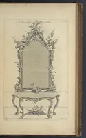 Picture 156 of 189 from The gentleman and cabinet-maker's director : being a large collection of the most elegant and useful designs of household furniture, in the most fashionable taste : including a great variety of chairs, cofas, beds, and couches : china-tables, dressing-tables, shaving-tables, bason-stands, and teakettle-stands : frames for marble-slabs, bureau-dressing-tables, and commodes : writing-tables, and library-tables : library-book-cases, organ-cases for private rooms, or churches, desks, and book-cases : dressing and writing-tables with book-cases, toilets, cabinets, and cloaths-presses : china-cases, china-shelves, and book-shelves : candle-stands, terms for busts, stands for china jars, and pedestals : cisterns for water, lanthorns, and chandeliers : fire-screens, brackets, and clock-cases : pier-glasses, and table-frames : girandoles, chimney-pieces, and picture-frames : stove-grates, boarders, frets, Chinese-railing, and brass-work, for furniture : and other ornaments : to which is prefixed, a short explanation of the five orders of architecture : with proper directions for executing the most difficult pieces, the mouldings being exhibited at large, and the dimensions of each design specified : the whole comprehended in two hundred copper-plates, neatly engraved ... (1762), leaf 366